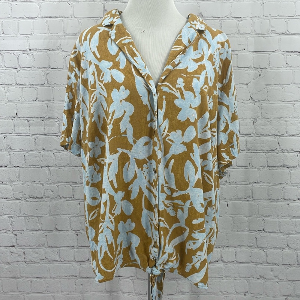 Ava & Viv Plus Size 2X Drape Linen Blend Mustard Floral Tie Front Beachy Top
